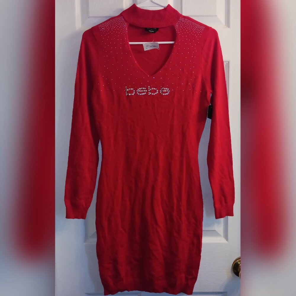 BEBE Y2K Red Turtleneck Sweater Dress Cut-Out Chest Rhinestones S NWT Sexy